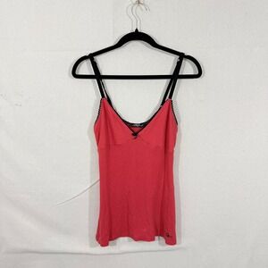Guess Jeans Red Ribbed Lace Trim Camisole Tank Top XL Bow Rhinestone Y2K
